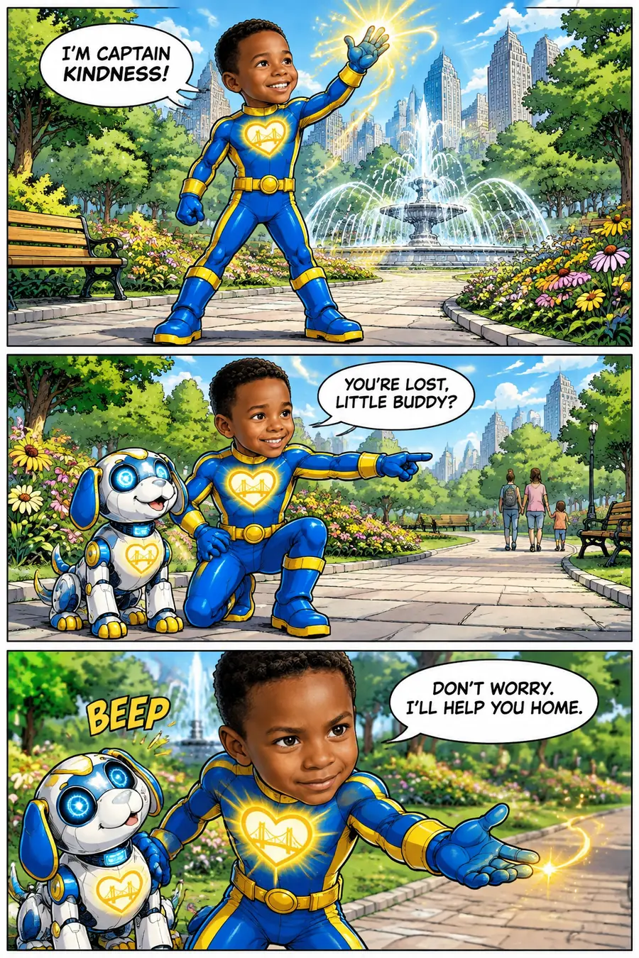 Page 2 of 10 of the comic "Captain Kindness and the Robot Puppy Quest": story page 1